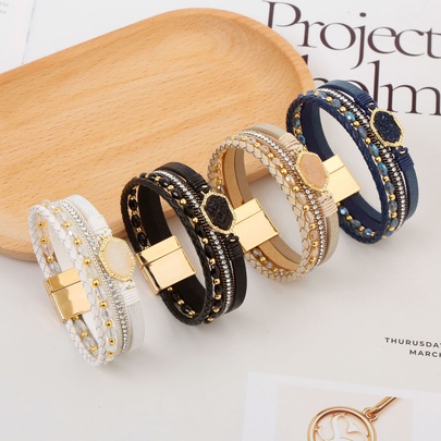 Wholesale Jewelry Simple Style Commute Hexagon Pu Leather Alloy Zircon Plating Braid Inlay Bangle