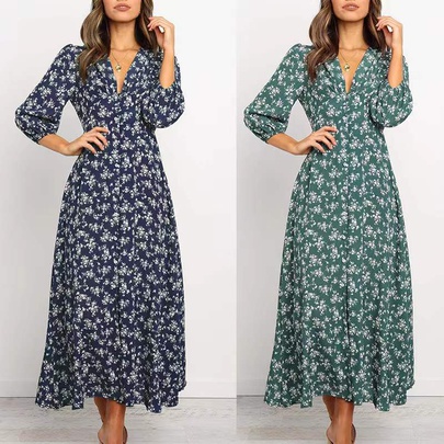 Women's Floral Dress Casual Pastoral V Neck Printing Long Sleeve Ditsy Floral Maxi Long Dress Daily
