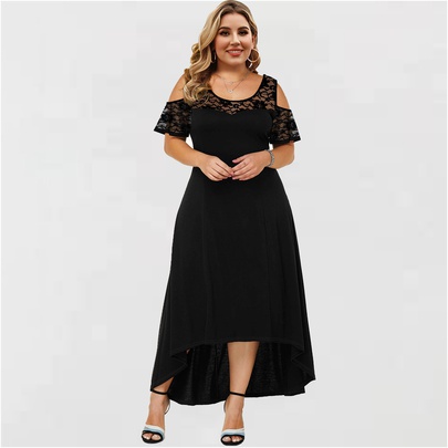 Women's Regular Dress Elegant U Neck Lace Short Sleeve Solid Color Midi Dress Banquet