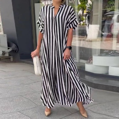 Women's Slit Dress Casual Simple Style V Neck Slit Short Sleeve Stripe Maxi Long Dress Daily