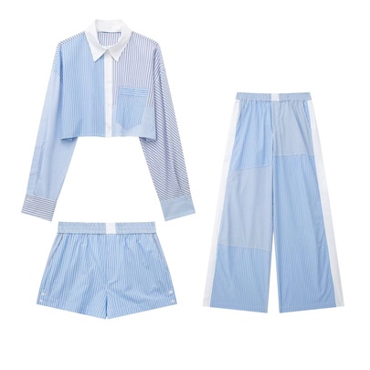 Women's Casual Simple Style Stripe Polyester Pocket Shorts Sets Pants Sets