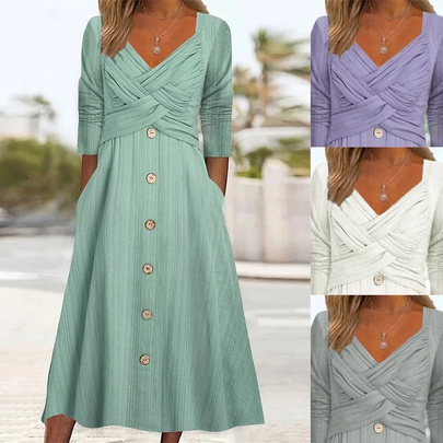 Women's Swing Dress Casual V Neck Button Half Sleeve Solid Color Midi Dress Daily