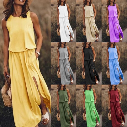 Women's Slit Dress Casual Round Neck Sleeveless Solid Color Maxi Long Dress Daily
