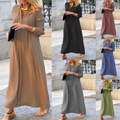 Women's Shirt Dress Casual Turndown Pocket Patchwork Long Sleeve Solid Color Maxi Long Dress Daily