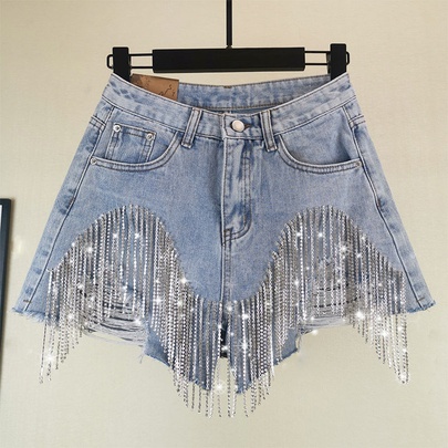 Women's Party Street Sexy Solid Color Shorts Tassel Jeans