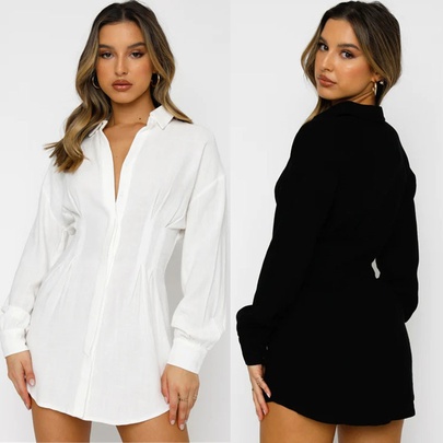 Women's Shirt Dress Casual Turndown Pleated Long Sleeve Solid Color Short Mini Dress Daily