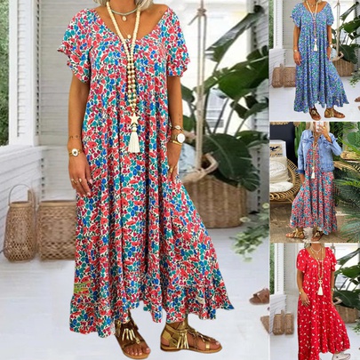 Women's Swing Dress Ethnic Style Scoop Printing Short Sleeve Ditsy Floral Maxi Long Dress Travel