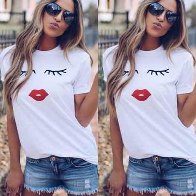 Women's T-shirt Short Sleeve T-shirts Printing Casual Lips Eyelashes