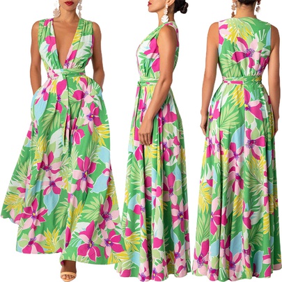 Women's Swing Dress Vacation Sexy V Neck Printing Sleeveless Flower Maxi Long Dress Holiday Travel