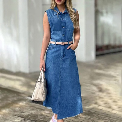 Women's Denim Dress Casual Streetwear Turndown Pocket Sleeveless Solid Color Maxi Long Dress Street