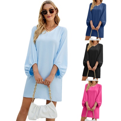 Women's Regular Dress Casual V Neck Pleated 3/4 Length Sleeve Solid Color Above Knee Daily