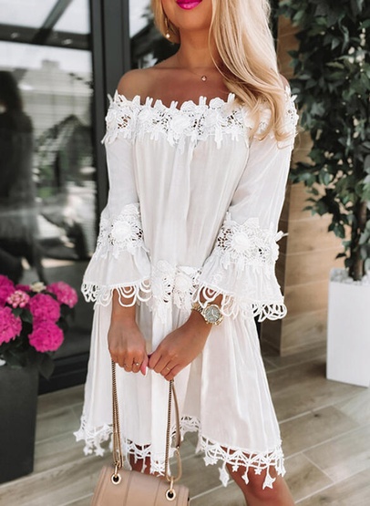Women's Lace Dress Vacation Sexy Boat Neck Lace 3/4 Length Sleeve Solid Color Knee-length Holiday