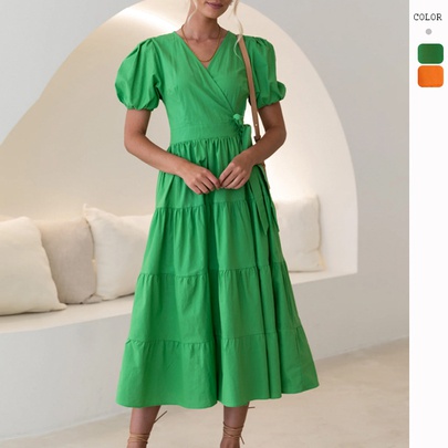 Women's Swing Dress Streetwear V Neck Short Sleeve Solid Color Maxi Long Dress Street