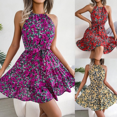 Women's Floral Dress Casual Round Neck Printing Ruffles Sleeveless Flower Above Knee Daily Street
