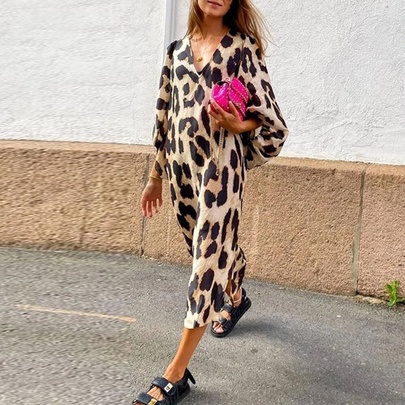 Women's Swing Dress Casual V Neck Printing 3/4 Length Sleeve Leopard Midi Dress Daily Street