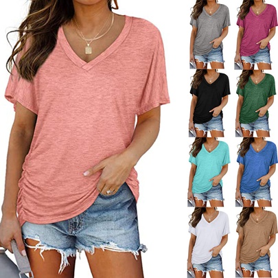 Women's T-shirt Short Sleeve T-shirts Pleated Simple Style Solid Color