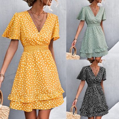 Spring And Summer 2022 New Arrival Independent Station  Hot Sale Popular Sexy V-neck Ruffle Sleeve Waist-tight Smocking Dress