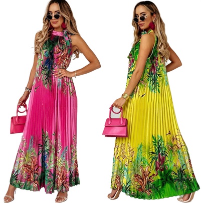 Women's Swing Dress Bohemian Standing Collar Printing Sleeveless Plant Maxi Long Dress Knee-length Holiday Travel