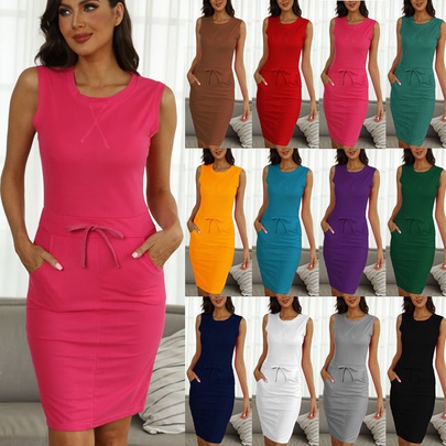 Women's Sheath Dress Simple Style Round Neck Hollow Out Sleeveless Solid Color Knee-length Street