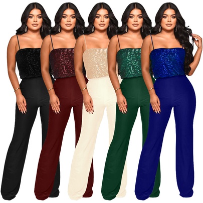 Women's Banquet Sexy Solid Color Full Length Sequins Jumpsuits