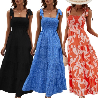 Women's Swing Dress Sexy Printing Sleeveless Polka Dots Solid Color Flower Maxi Long Dress Street
