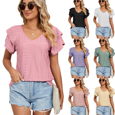 Women's T-shirt Short Sleeve T-shirts Jacquard Hollow Out Simple Style Solid Color