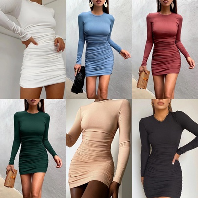 Women's Sheath Dress Sexy Round Neck Pleated Long Sleeve Solid Color Above Knee Street