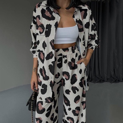 Women's Casual Leopard Spandex Polyester Printing Button Pants Sets