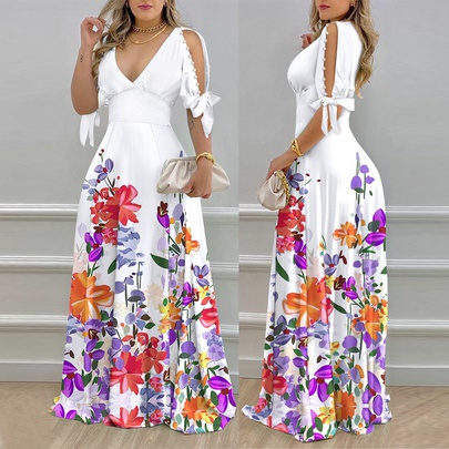 Women's Swing Dress Elegant Sexy V Neck Printing Short Sleeve Flower Maxi Long Dress Banquet