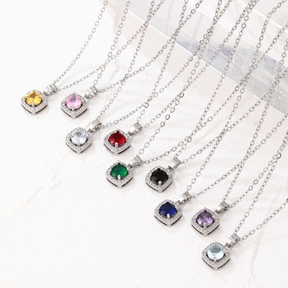 Wholesale Casual Sweet Square 304 Stainless Steel Copper Inlay Rhodium Plated Zircon Pendant Necklace