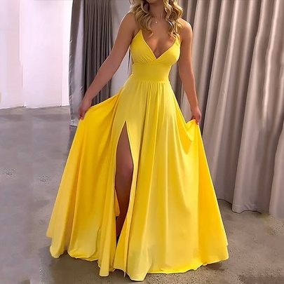 Women's Strap Dress Simple Style V Neck Slit Backless Sleeveless Solid Color Maxi Long Dress Daily