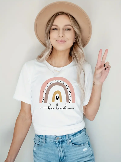 Women's T-shirt Short Sleeve T-shirts Printing Simple Style Letter Rainbow