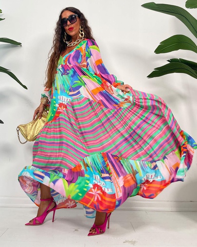 Women's Swing Dress Vintage Style V Neck Printing Long Sleeve Color Block Maxi Long Dress Daily
