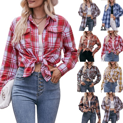 Women's Blouse Long Sleeve Blouses Pocket Casual Simple Style Plaid