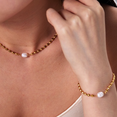 201 Stainless Steel Freshwater Pearl 18K Gold Plated Lady Plating Pearl Necklace