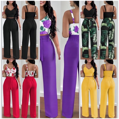 Women's Casual Solid Color Flower Polyester Printing Backless Pants Sets