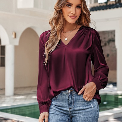 Women's Blouse Long Sleeve Regular Sleeve Blouses V Neck Pleated Casual Elegant Solid Color Loose
