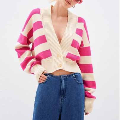 Women's Sweater Long Sleeve Sweaters & Cardigans Contrast Binding Casual Stripe