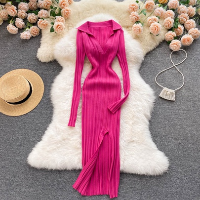 Women's Sheath Dress Simple Style V Neck Slit Long Sleeve Solid Color Midi Dress Daily