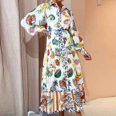 Women's Swing Dress Vintage Style Ethnic Style Turndown Printing Long Sleeve Printing Maxi Long Dress Travel