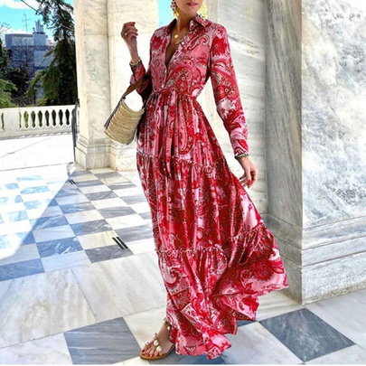 Women's Swing Dress Casual Ethnic Style Turndown Printing Long Sleeve Printing Maxi Long Dress Holiday Travel
