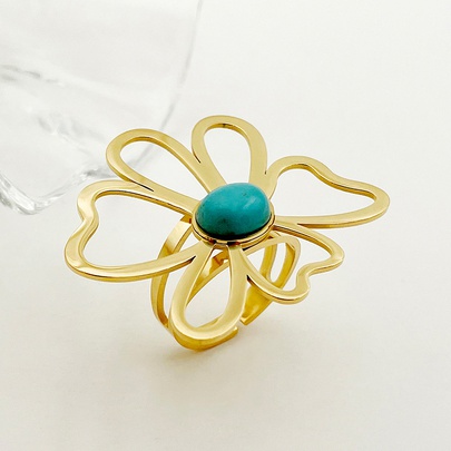 304 Stainless Steel 14K Gold Plated Sexy Romantic Sweet Plating Inlay Flower Turquoise Open Rings