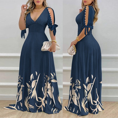 Women's Swing Dress Elegant V Neck Printing Short Sleeve Printing Maxi Long Dress Banquet