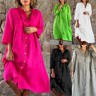 Women's Shirt Dress Casual Simple Style Round Neck Nine Points Sleeve Solid Color Midi Dress Daily