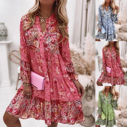 Women's Regular Dress Casual Basic Simple Style V Neck Long Sleeve Printing Ditsy Floral Knee-length Outdoor Daily Festival