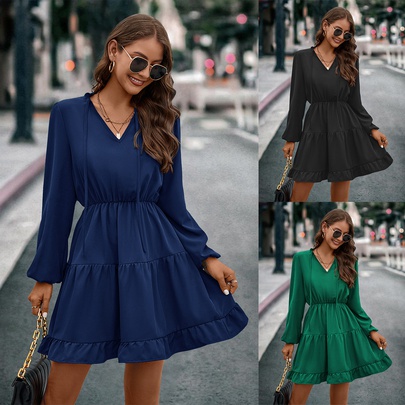 Women's Swing Dress Casual V Neck Long Sleeve Solid Color Above Knee Daily