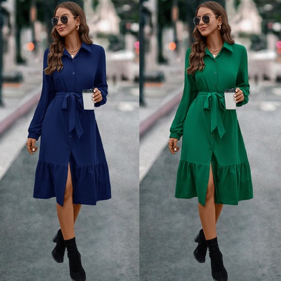 Women's Shirt Dress Casual Turndown Long Sleeve Solid Color Midi Dress Daily Street