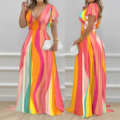 Women's Swing Dress Fashion V Neck Printing Short Sleeve Colorful Maxi Long Dress Party Date