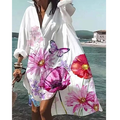 Women's Shirt Dress Casual Turndown Printing Long Sleeve Flower Butterfly Midi Dress Daily
