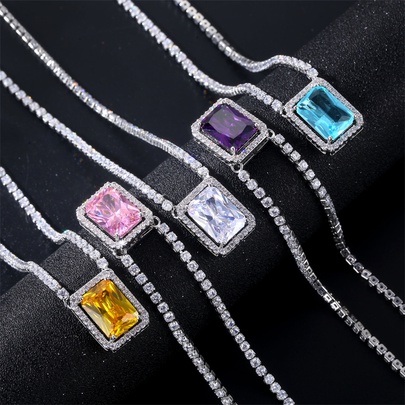 Wholesale Casual Vintage Style Shiny Rectangle Copper Plating Inlay Rhodium Plated Zircon Pendant Necklace